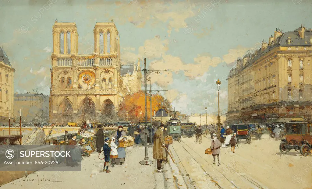 Figures on a Sunny Parisian Street, Notre Dame at left. Eugene Galien-Laloue (1854-1941). Gouache and black chalk. 19.2 x 31.4cm.