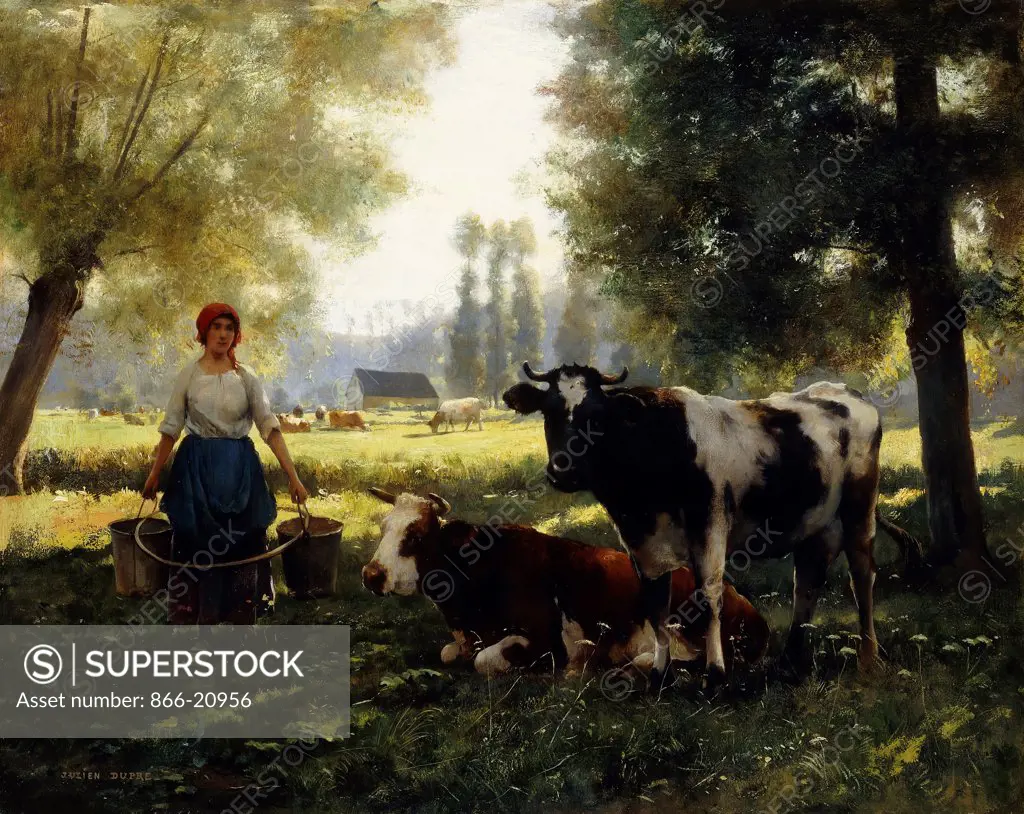 A Milkmaid with her Cows on a Summer Day. Julien Dupre (1851-1910). Oil on canvas. 66 x 82cm.