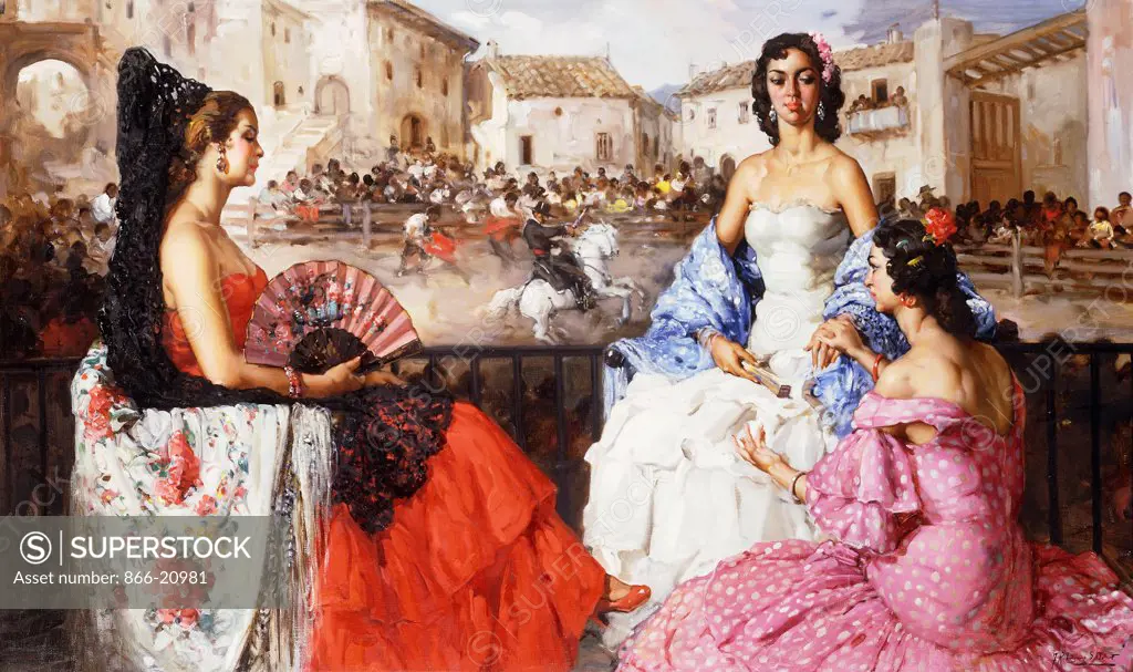 Element Women Watching a Bull Fight. Francisco Rodriguez San Clement (1861-1956). Oil on canvas. 78.8 x 130.5cm.
