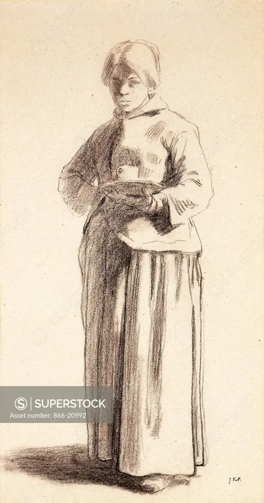 A Standing Woman Holding a Cup. Jean-Francois Millet (1814-1875). Black chalk on light tan paper. Executed circa 1852-56. 45.4 x 25.3cm.