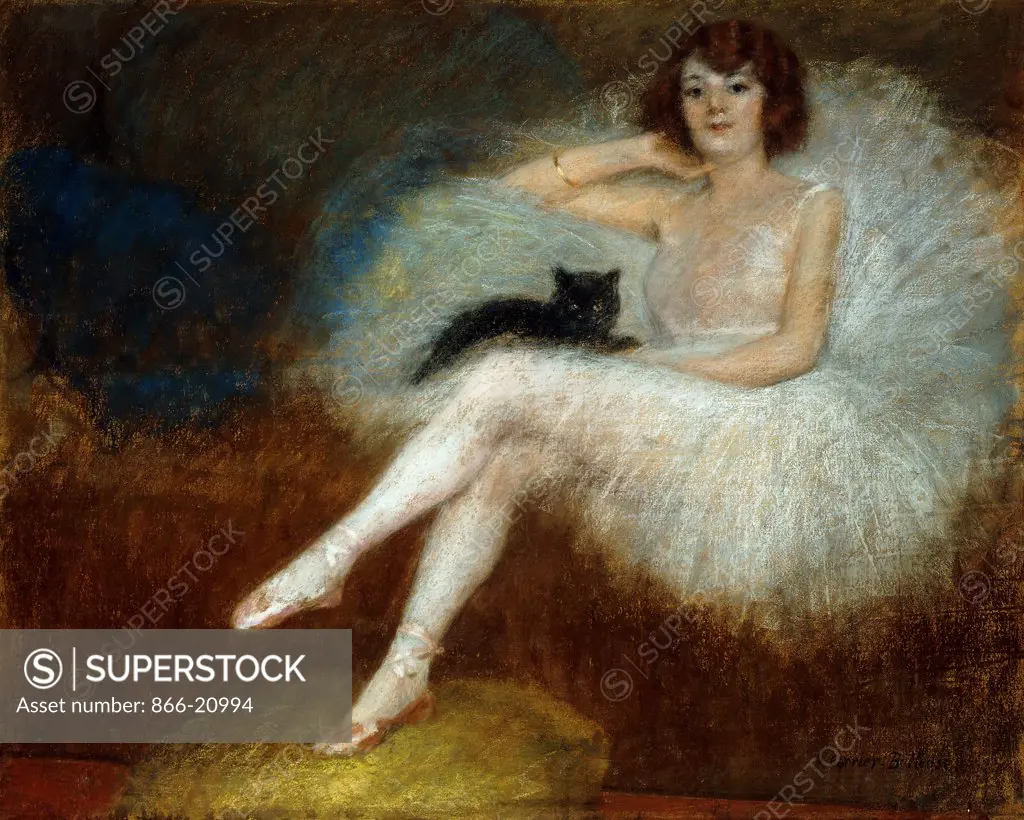 Ballerina with a Black Cat. Pierre Carrier-Belleuse (1851-1933). Pastel on Stretched canvas. 65.3 x 81cm.