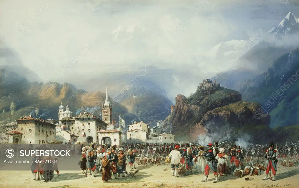 The War in Italy: Susa, Mont Cenis, Bivouac with French Troops. Carlo Bossoli (1815-1884). Watercolour and gouache. Painted in 1859. 28 x 48.3cm.