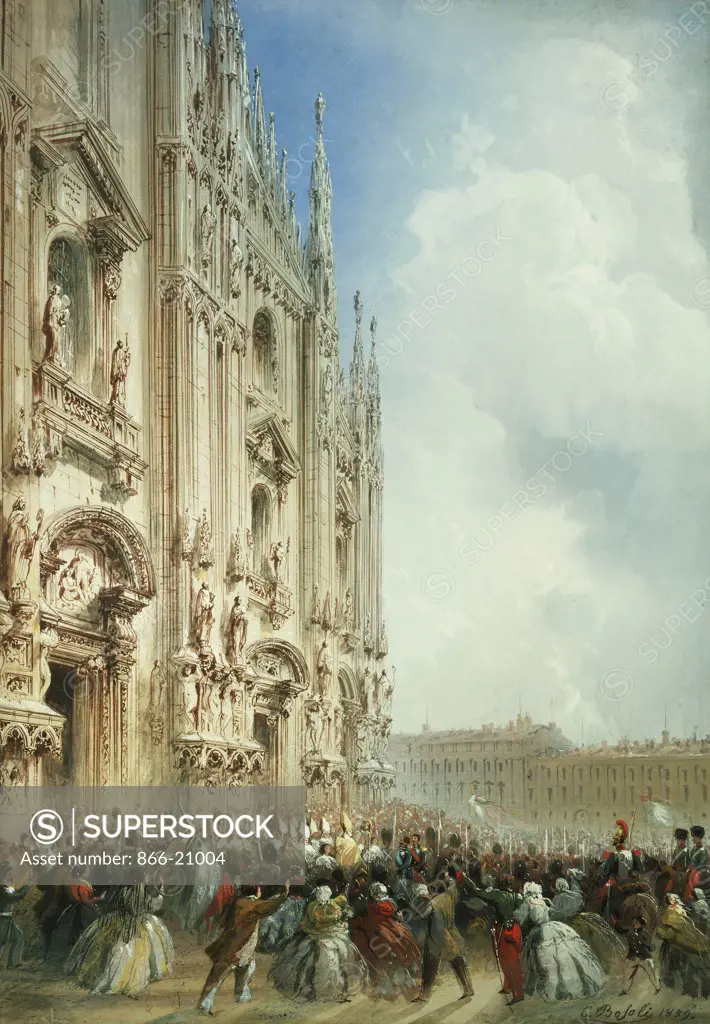 The War in Italy: The Arrival of the Emperor Napoleon III and the King of Sardinia at the Duomo, Milan. Carlo Bossoli (1815-1884). Watercolour and gouache. Painted in 1859. 28 x 48.3cm.