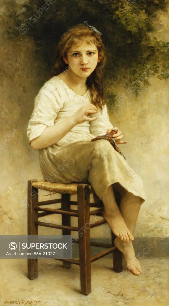 Idle Thoughts (Little Girl Sitting Embroidering); Vaines Pensees (Petite Fille Assise Brodant). William  Adolphe Bouguereau (1825-1905). Oil on canvas. Signed and dated 1903. 127.9 x 66cm.
