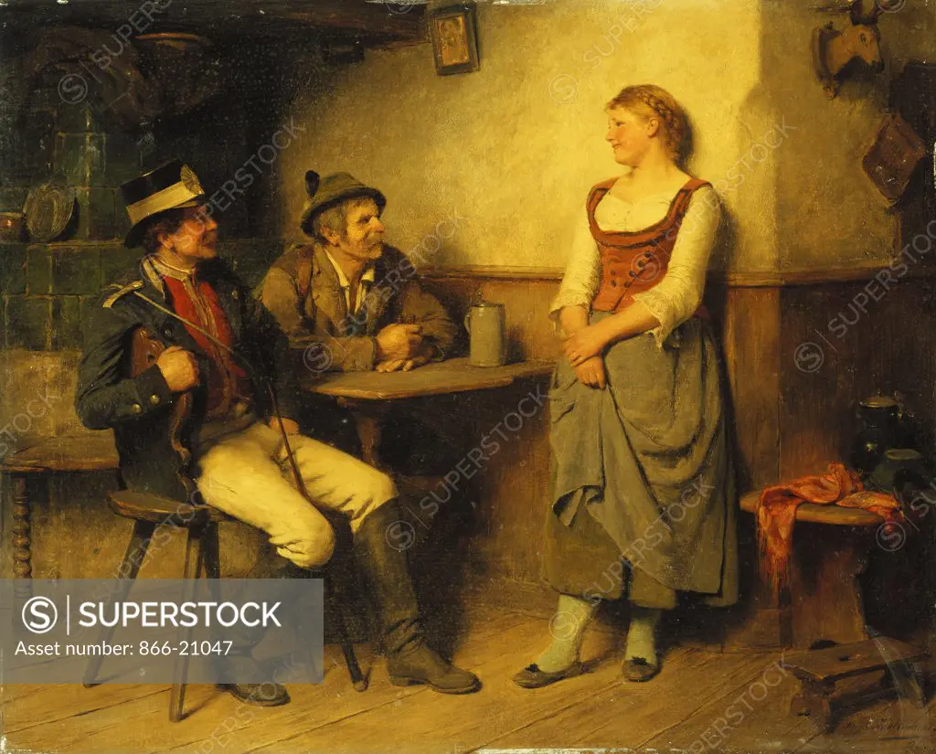 A Conservation in the Tavern. Hugo Wilhelm Kauffmann (1844-1915). Oil on panel. Signed and dated 1891. 37.2 x 56.4cm.