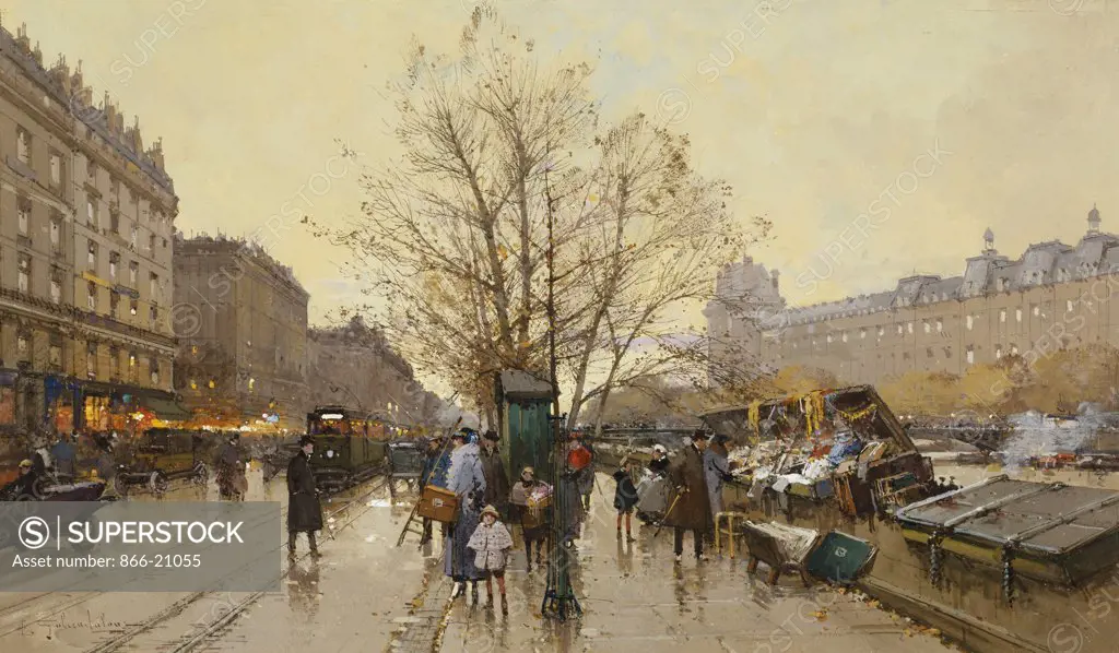 The Docks of Paris; Les Quais a Paris. Eugene Galien-Laloue (1854-1941). Gouache. 27.2 x 46.2cm.