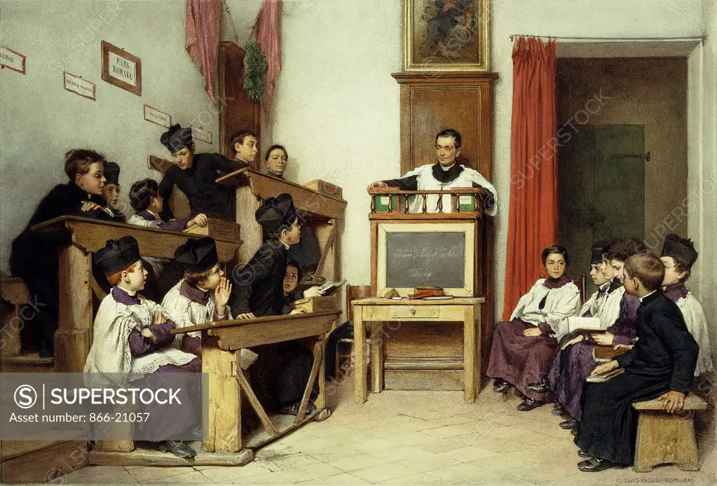 The Latin Class. Ludwig Passini (1832-1903). Watercolour over pencil traces. Painted in 1869. 47.5 x 69.2cm.