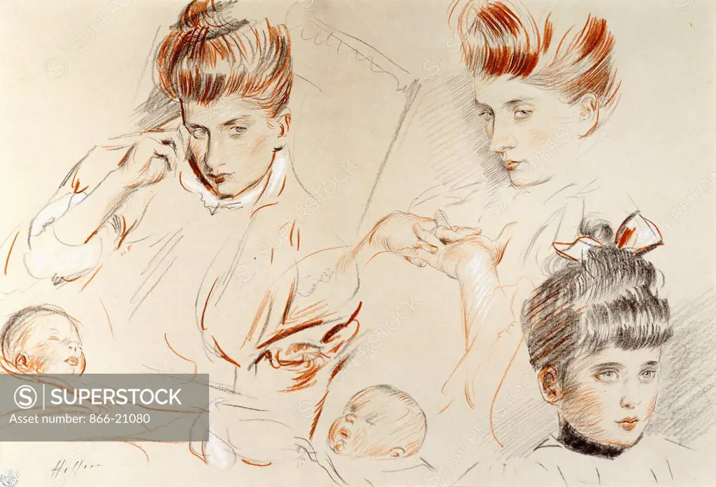 Sketches of Mme. Helleu and her Daughters, Ellen and Alice. Paul Cesar Helleu  (1859-1927). Red, black and white chalk on cream paper laid down on paper. 34.7 x 48.2cm.