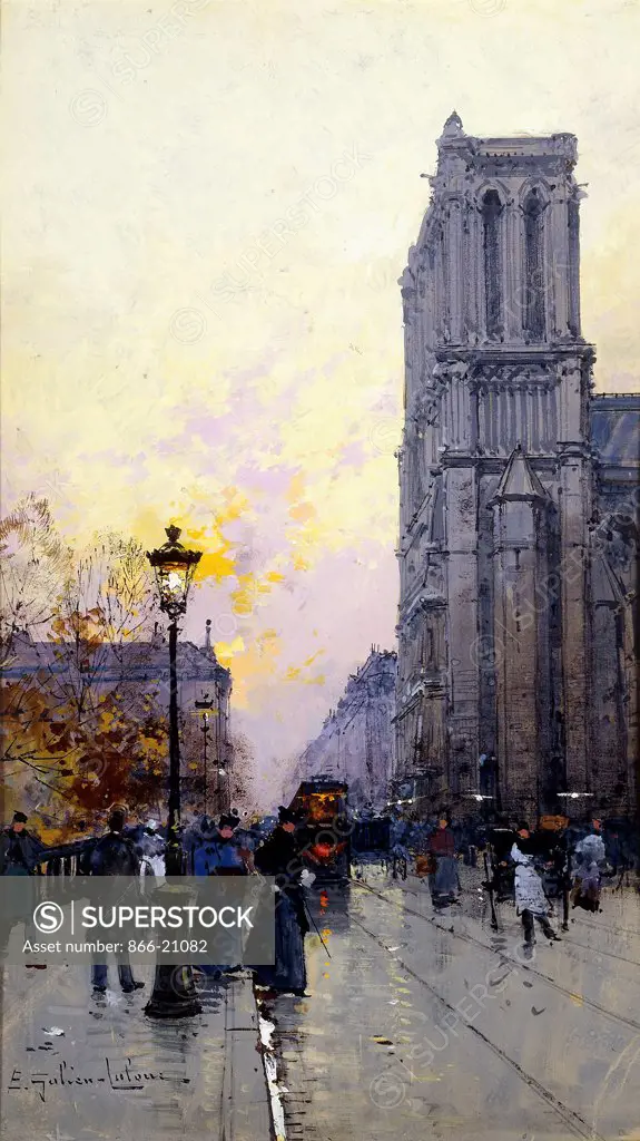 Notre Dame de Paris. Eugene Galien-Laloue (1854-1941). Gouache on paperboard. 31.8 x 20.3cm.