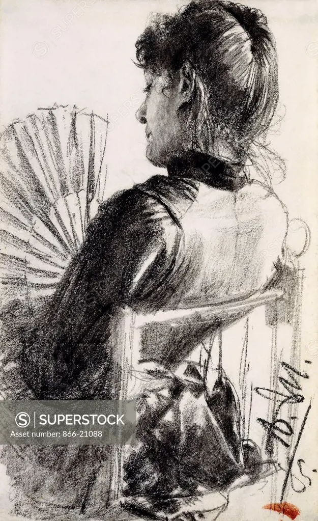 Lady with a Fan. Adolph Menzel (1815-1905). Pencil on paper laid down on board. Signed and dated 1885. 21 x 13.1cm.