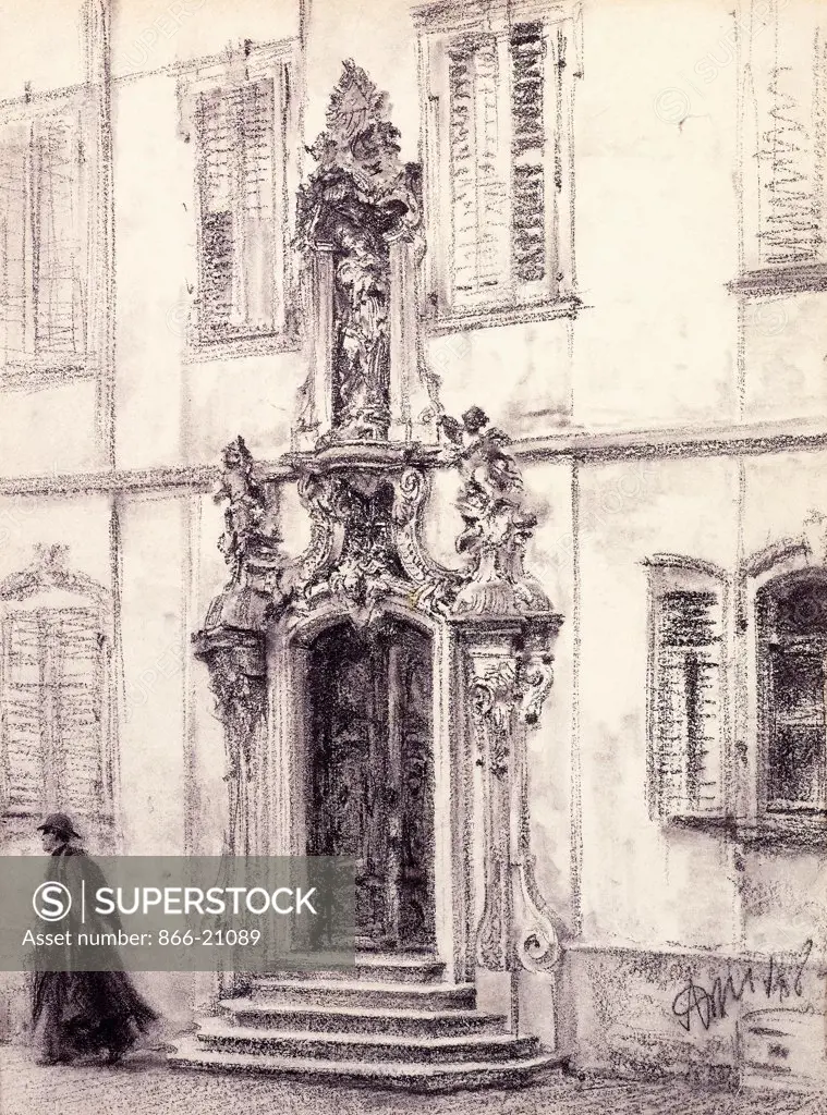 A Man Descending the Stairway of a Building Decorated with a Baroque Portal. Adolf Menzel (1815-1905). Black chalk on cream paper. Signed and dated 1884. 31.2 x 23.5cm.