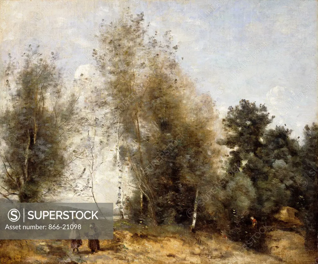 Group Of Trees at the Edge of a Pond with Three Peasants; Groupe D'Arbres au Bord d'un Etang, avec Trois Paysaannes. Jean Baptiste Camille Corot (1796-1875). Oil on canvas. Painted circa 1865-1870.  46.3 x 55.5cm.