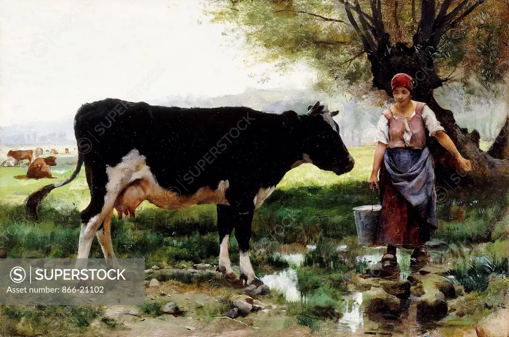 A Milkmaid with her Cow. Julien Dupre (1851-1910).  Oil on panel. 36.8 x 55.2cm.