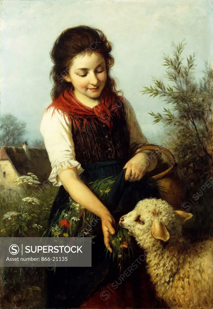 Feeding the Lamb. Rudolph Epp (1834-1910). Oil on canvas. 96.5 x 66.7cm.
