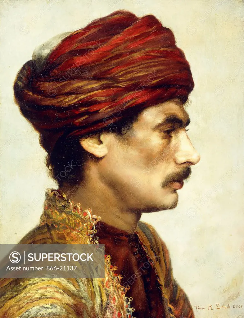 Profile Portrait of a Man in a Red Turban. Rudolphe Ernst (1854-1932). Oil on canvas. Signed and dated 1882. 45.5 x 34.9cm.