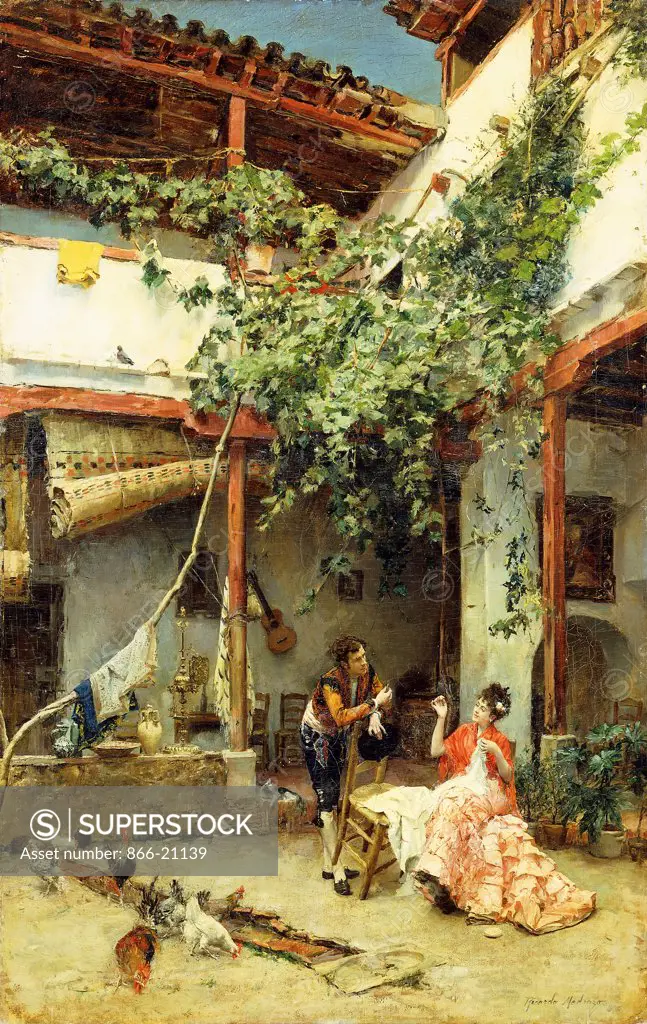 In the Courtyard. Ricardo de Madrazo Y Garreta (1852-1917). Oil on canvas. Signed and dated 1876. 86.3 x 55.5cm.