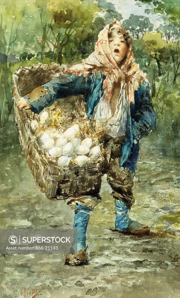 Young Egg Seller. Vincenzo Irolli (1860-1942). Watercolour over traces of pencil heightened with white on paper. 48.2 x 29.5cm.