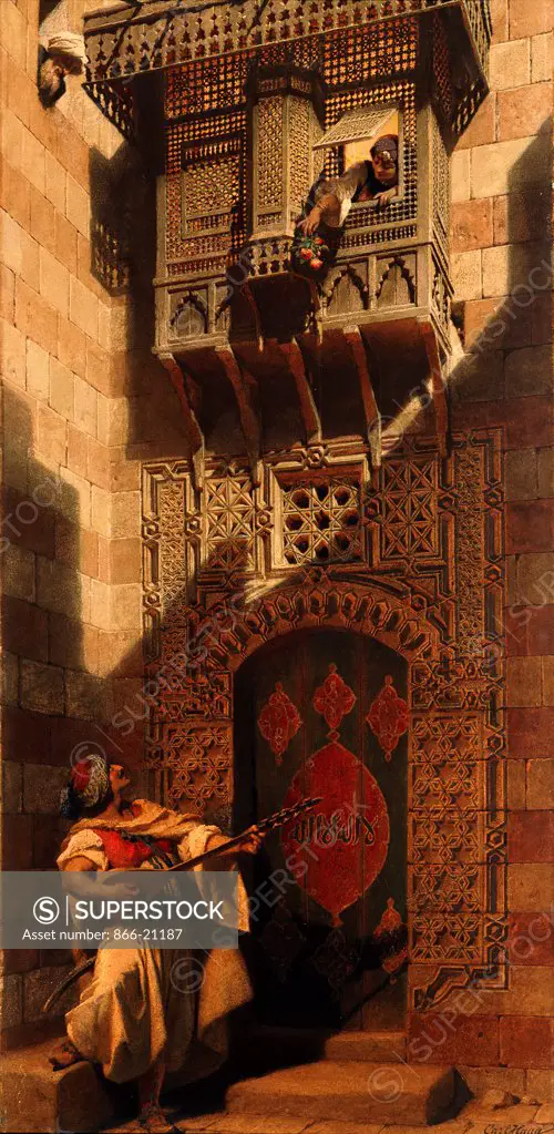 A Serenade in Cairo; Eine Serenata in Cairo. Carl Haag (1820-1915). Watercolour. Dated 1893. 101.6 x 48.5cm