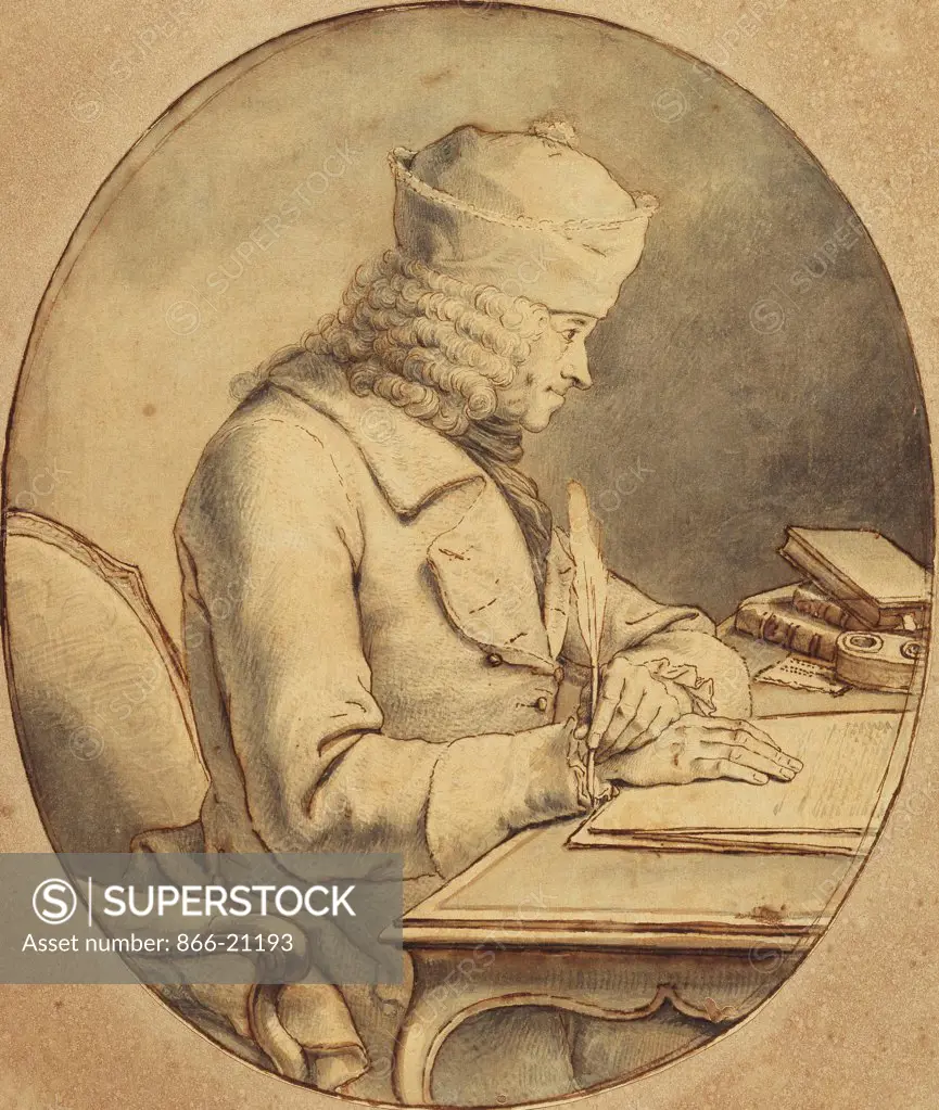Voltaire seated at a Desk wearing a cap, in profile to the left. Stanslas Jean de Boufflers (1738-1815). Pen and brown ink, grey wash. Circa 1765. 22 x 19cm.