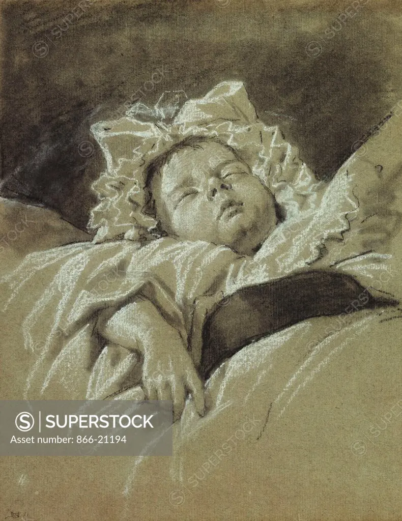 The Head of a Sleeping Child. Jean Michel Moreau, the Younger (1741-1814). Black and white chalk on brown paper. 25.8 x 20.8cm.