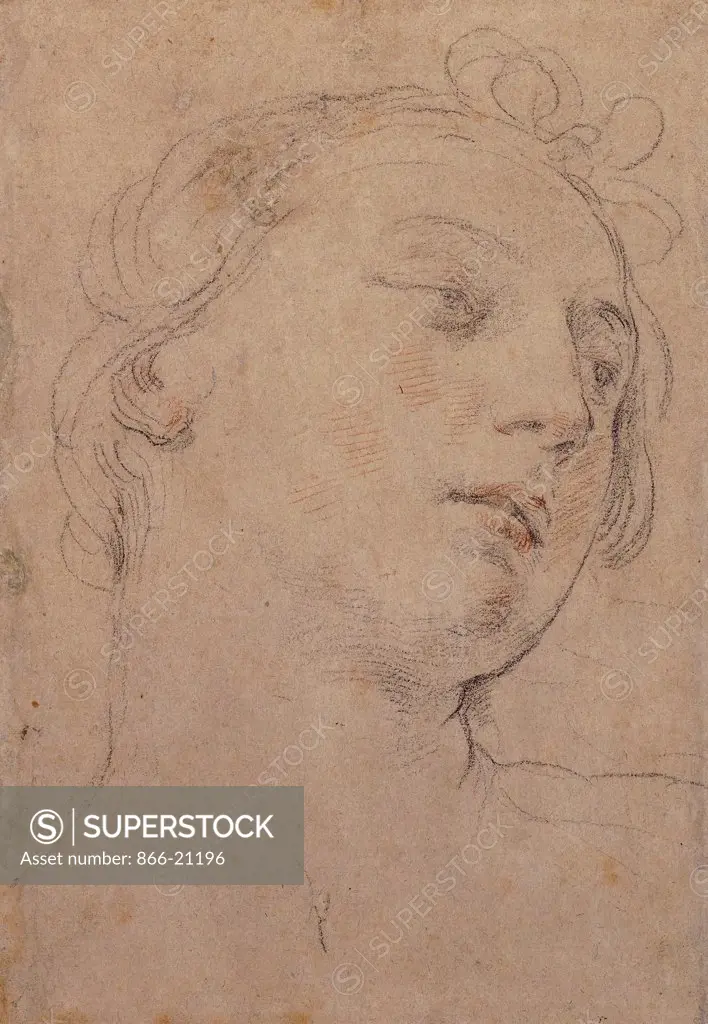 The Head of Europa. Guido Reni (1575-1642). Red and black chalk on grey-blue paper. 32.7 x 23cm.