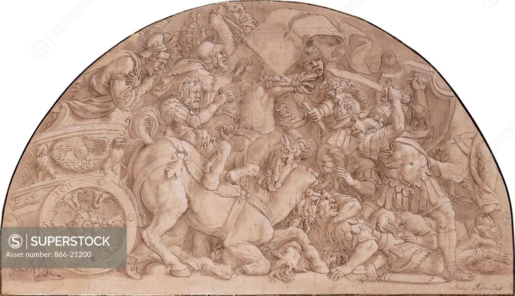 The Battle of the Horatii. Giulio Romano (1492-1546). Black chalk, pen and brown ink, brown wash heightened with white. 27.1 x 47.6cm.