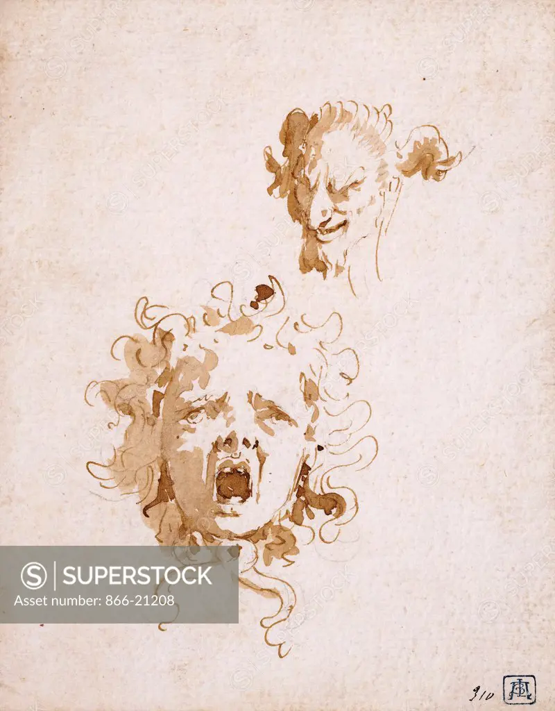 The Head of Medusa, and the Head of a Satyr. Giovanni Battista Tiepolo (1696-1770). Black chalk, pen and brown ink, brown wash. 17.2 x 13.8cm.