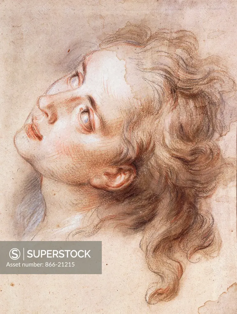 The Head of an Angel, Looking up to the Left. Charles-Antoine Coypel (1694-1752). Red, brown, black and white chalk on light blue paper. 39.7 x 30.5cm.