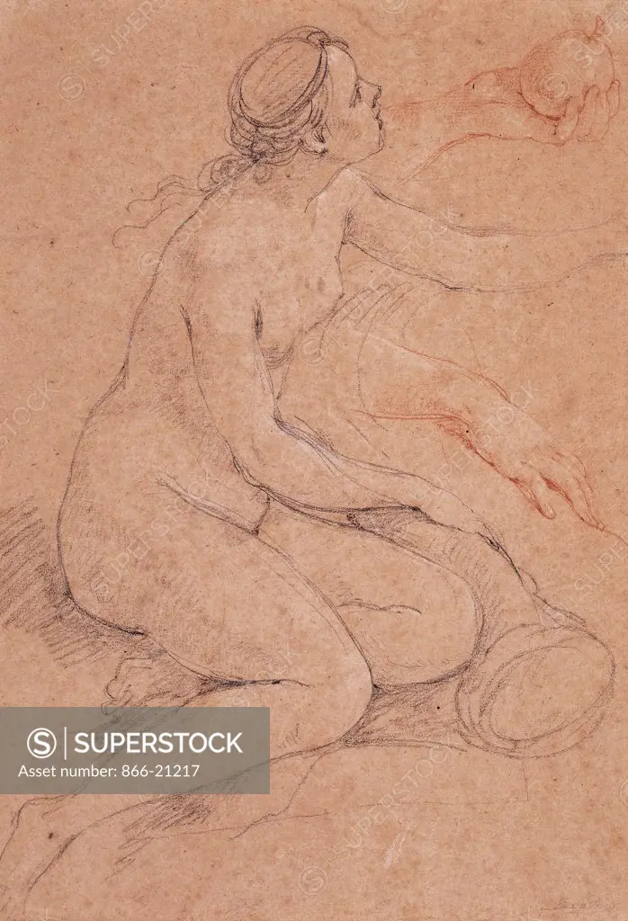 A Nymph Leaning on a Cornucopia, and Subsidiary Studies of her Hands, one holding an apple. Charles-Joseph Natoire (1700-1777). Black, red and white chalk on light brown paper. Created circa 1741. 33.3 x 23cm.
