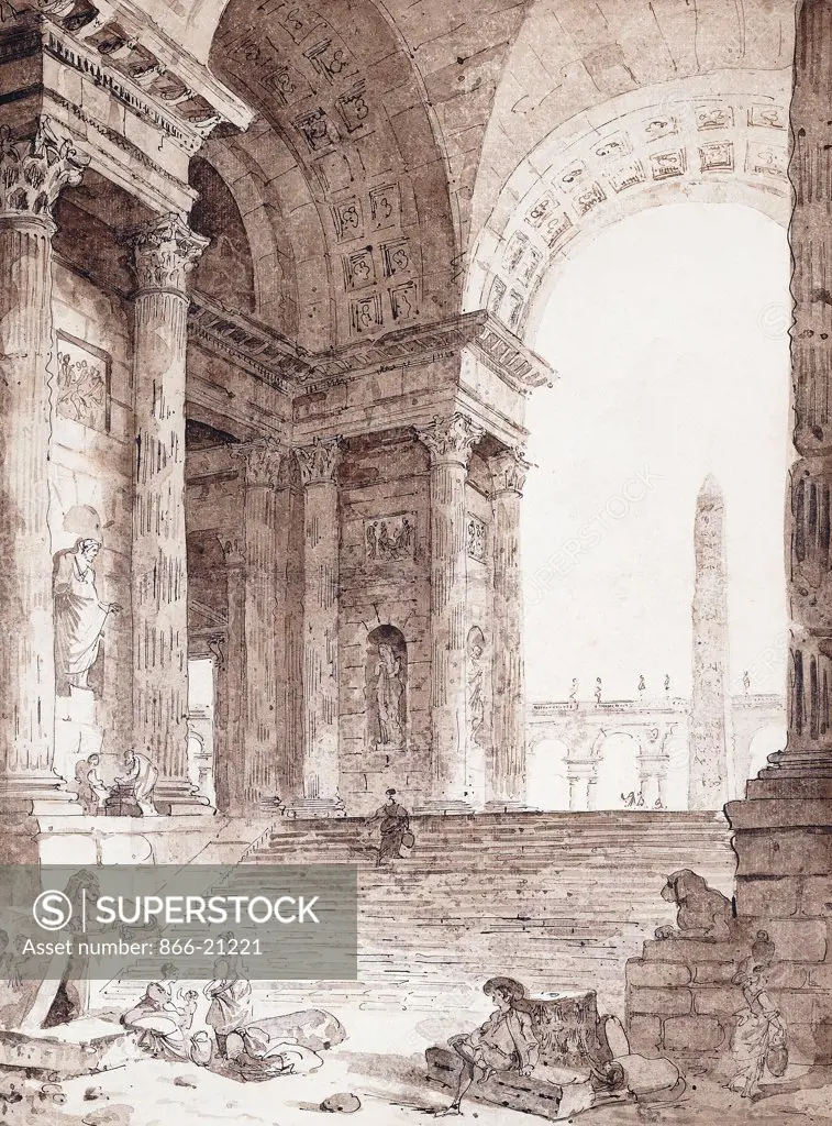 A Classical Roman Arcade, with Figures in the Foreground. Hubert Robert (1733-1808). Black chalk, pen and black ink, brown and grey wash. Created 1759. 48.5 x 36.2cm.