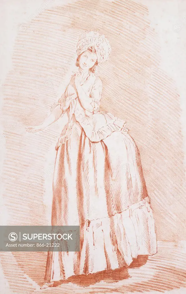 A Standing Lady. Louis-Roland Trinquesse (c.1746-1800). Retouched red chalk counterproof. 43.8 x 27.7cm.