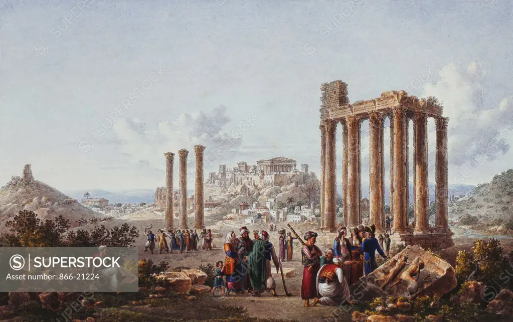 A View of the Acropolis, Athens, from the Temple of Zeus at Olympia. Louis-Francois Cassas (1756-1827). Black lead, pen, black ink and watercolour. Created circa 1786-87.  19.7 x 28.7cm.