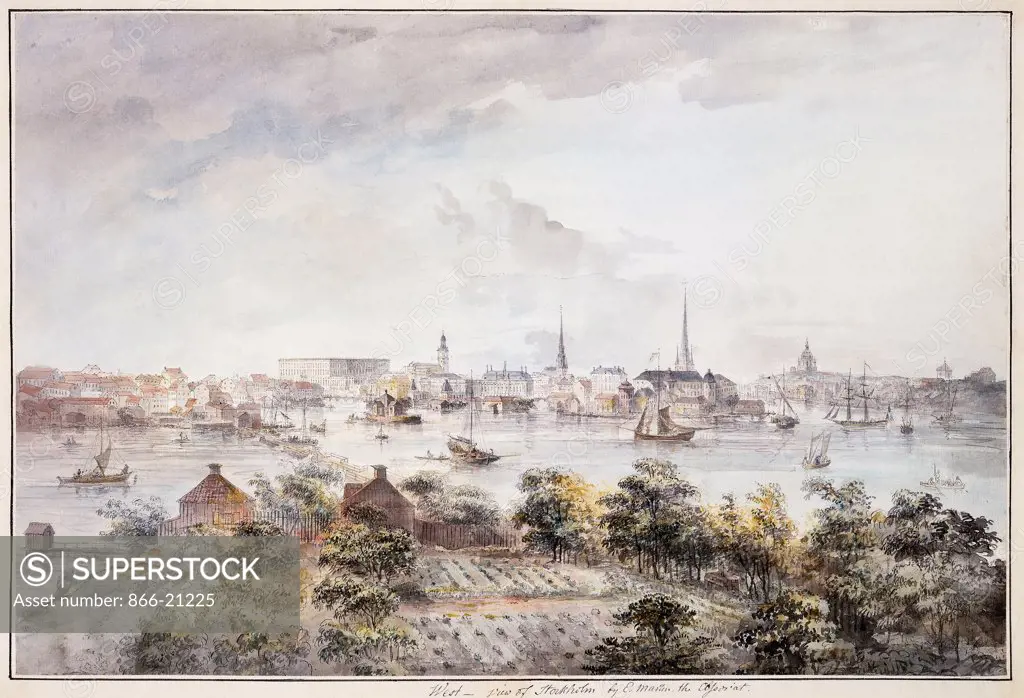 A View of Stockholm from Kungsholmen with the Royal Palace and Storkyrkan, Tyskakyrkan, Katarinakyrka and Riddarholmskyrkan. Elias Martin (1739-1818). Pen and grey ink and watercolour. 35.1 x 52.7cm.