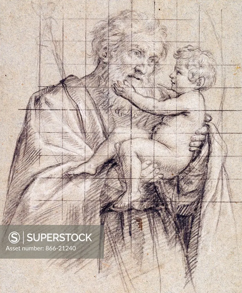 Saint Joseph holding the Christ Child. Giovanni Battista Salvi, il Sassoferrato (1609-1685). Black and white chalk on blue-grey paper. 18.4 x 15.3cm.