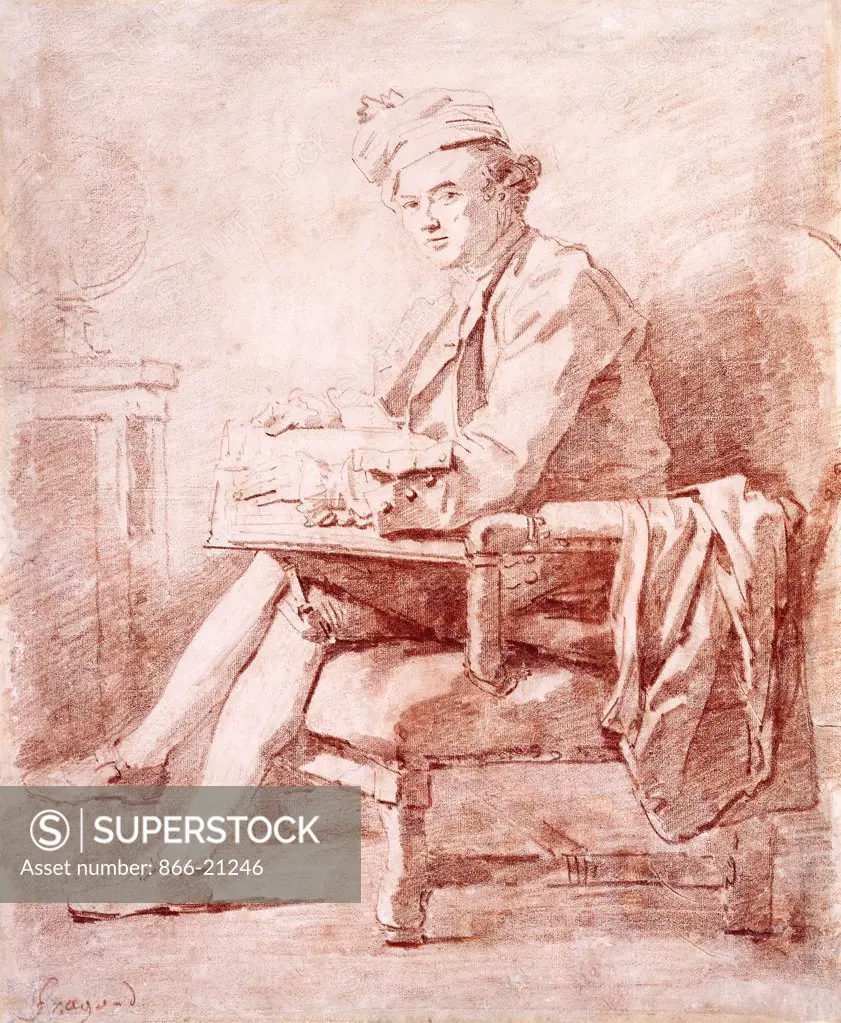 Portrait of Joseph-Jerome Le Francais de Lalande, full-length, seated, in profile to the left, holding a book, a globe resting on a table at the left. Jean-Honore Fragonard (1732-1806). Red chalk. 44.9 x 37cm.