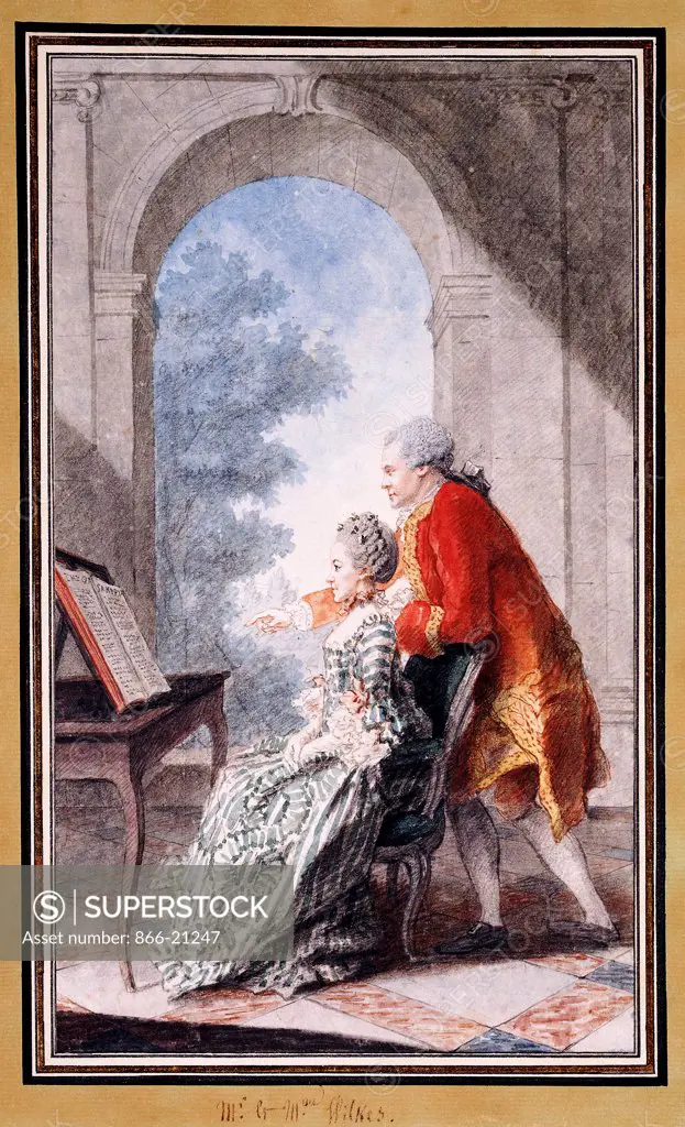 John Wilkes and Miss Gertrude Carmontelle. Louis de Carmontelle (1717-1806). Black lead, red chalk, watercolour. 30.3 x 17.7cm