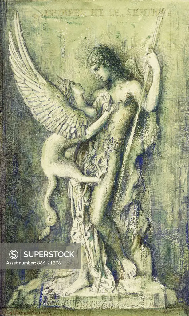 Oedipus and the Sphinx; Oedipe et le Sphinx. Gustave Moreau (1826-1896). Black chalk, pen and ink. 25.2 x 16.5cm.