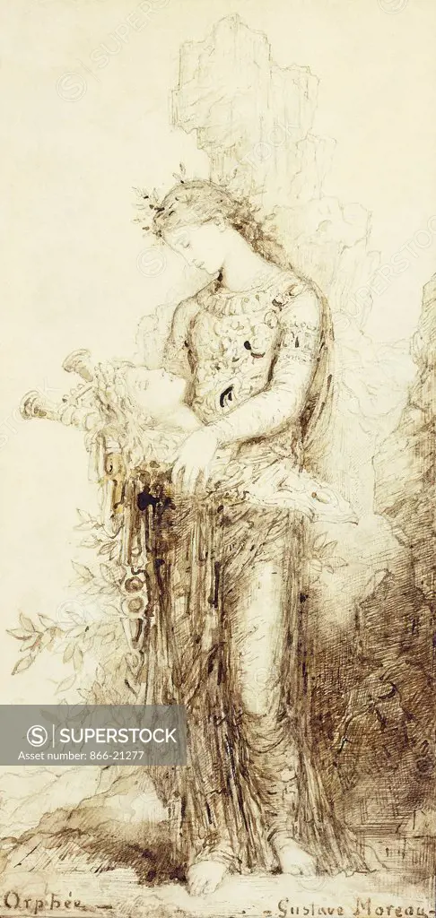 Orpheus; L'Orphee. Gustave Moreau (1826-1898). Pencil, pen and brown ink with brown wash in drawn frame. 30 x 16.5cm.
