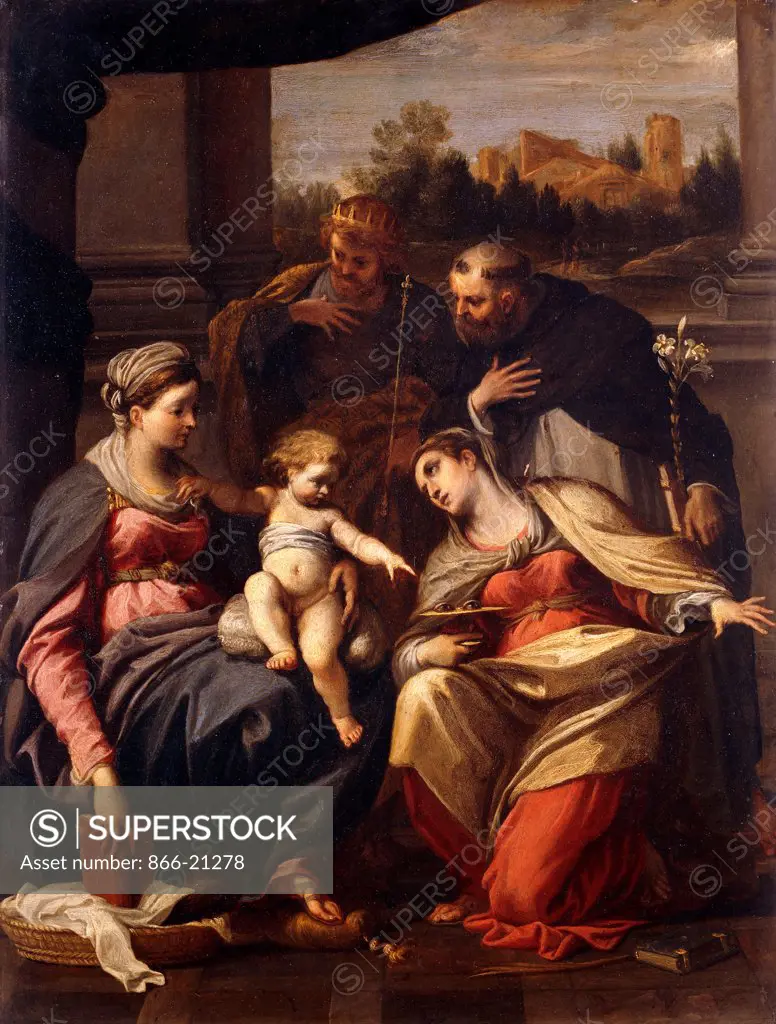 The Madonna and Child with Saints Lucy, Dominic and Louis of France, a landscape with a town through a casement beyond.  Annibale Carracci (1560-1609). Oil on copper. 43.4 x 33.7cm.