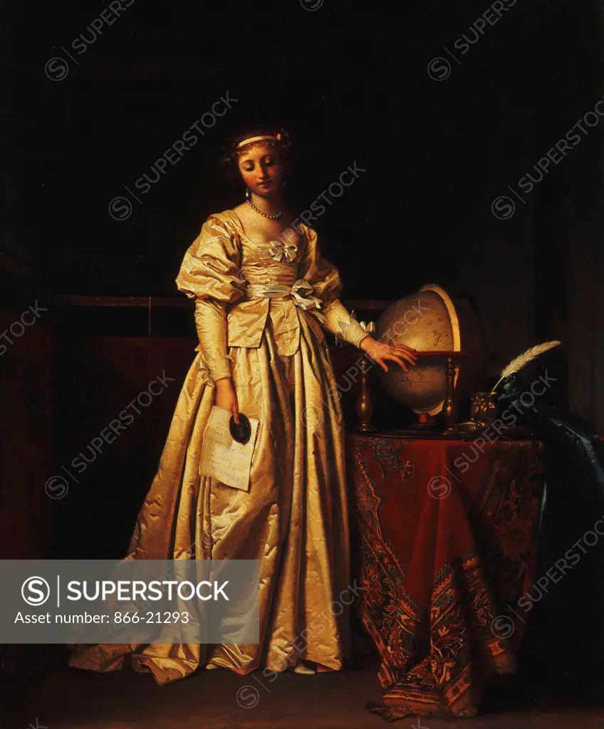 A Lady in an Interior, in a Yellow Satin Dress, with a Globe on a Table Beside her, Mourning the Absence of her Husband. Henri Nicolas van Gorp Gorp (c.1756-p.1819). Oil on panel, unframed. 55.2 x 45.6cm.