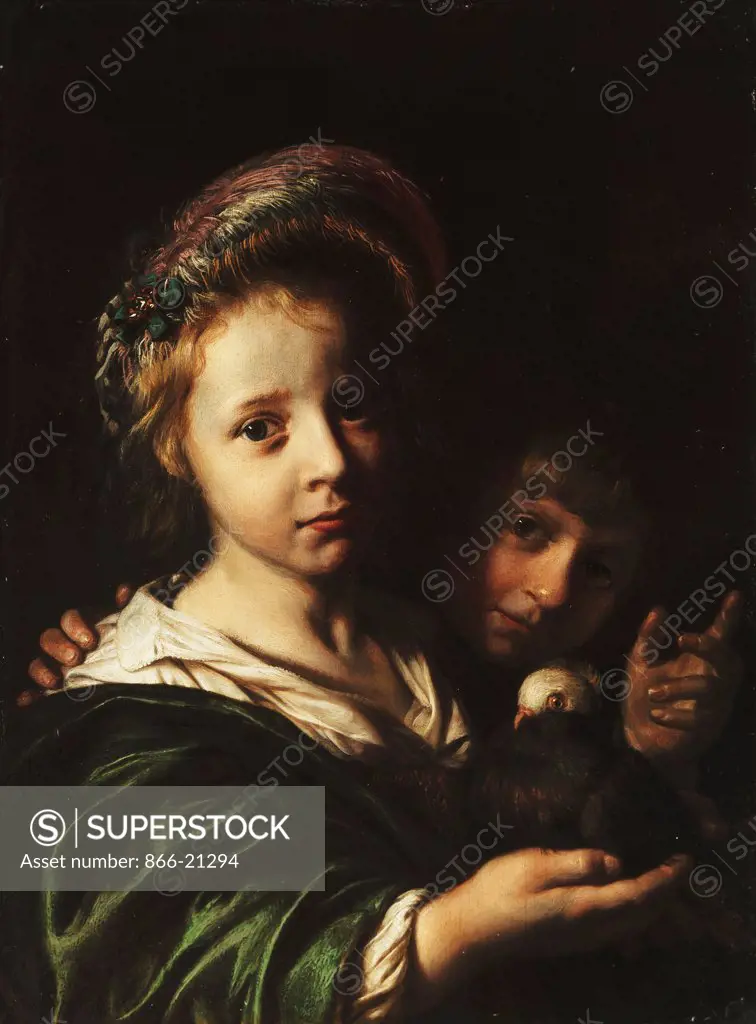 A Girl Holding a Pigeon and a Boy Gesturing. Jan de Bray (c.1627-1497). Oil on panel. Signed and dated 1652. 36.4 x 27cm.