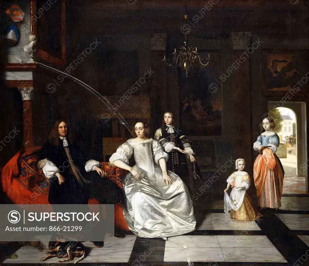 Group Portrait of the Jacott-Hoppesack Family with a Hound in a Sumptuous Classical Interior, a Lady and Gentleman Strolling in a Park Through a Doorway Beyond. Pieter de Hooch (1629-1684). Oil on canvas. 98.2 x 112.8cm.
