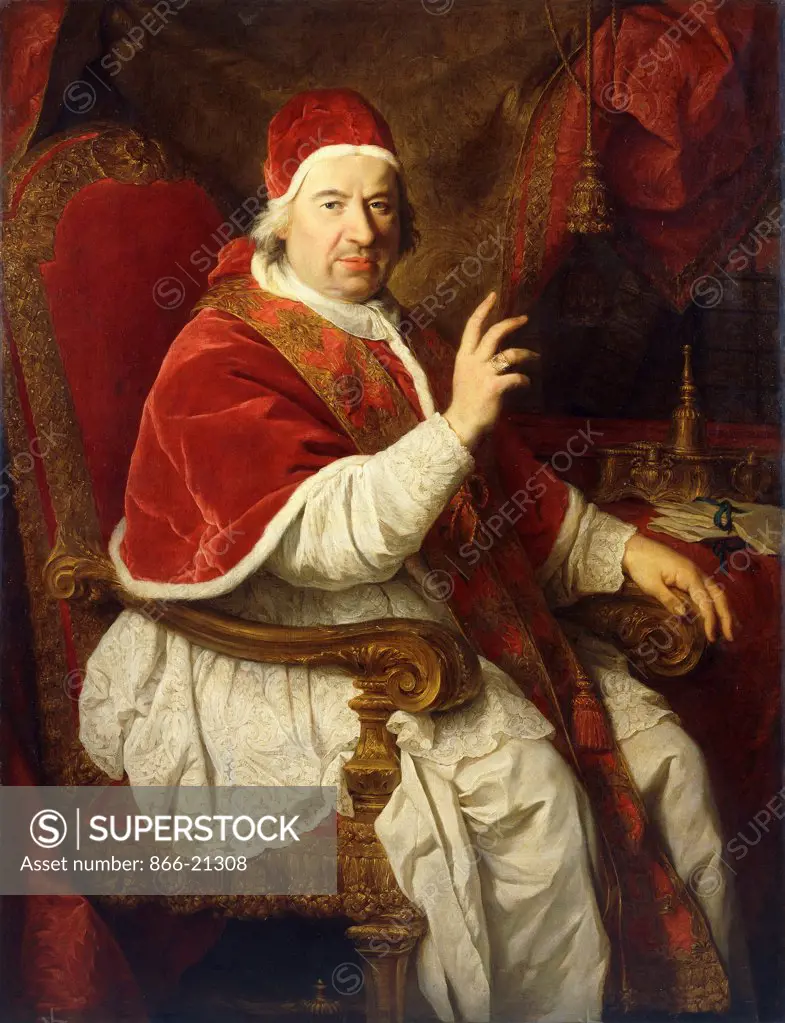 Portrait of Pope Benedict  XIV (1675-1758), seated three-quarter-length, his Right Arm Raised in Benediction. Pierre Subleyras (1699-1749). Oil on canvas. 132. 3 x 102cm.