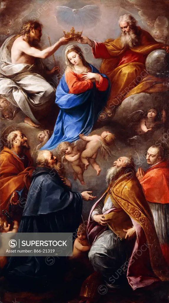 The Coronation of the Virgin with Saints Peter, Paul, Ambrose and Charles Borromeo. Carlo Francesco Nuvolone (1609-1662). Oil on canvas. 246.8 x 197.5cm.