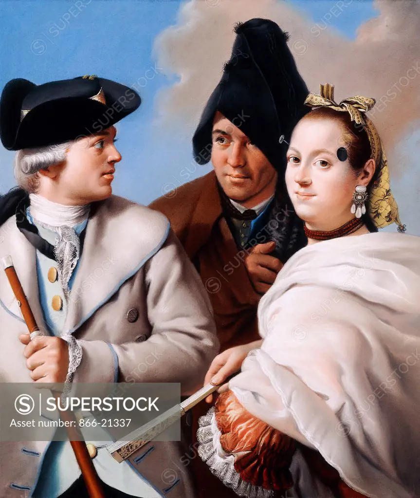 A Gentleman in a tricorn Hat holding a Cane, a Gentleman in a black Phrygian Bonnet and a young woman with a Mouche in a red Dress. Lorenzo Baldissera Tiepolo (1736-1776). Pastel on paper laid on canvas. 56 x 48cm.