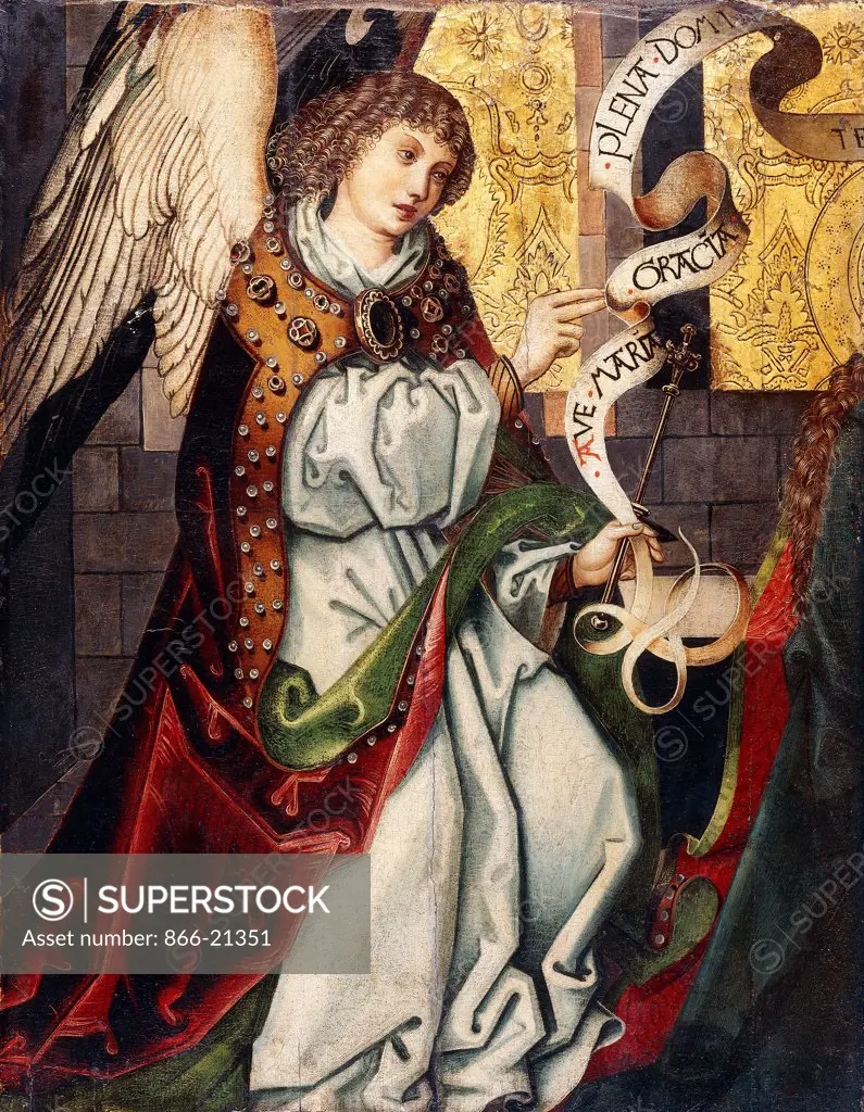 The Archangel Gabriel - a fragment of an Annunciation. Circle of Martin Schngauer (c.1440-1491). Oil on panel. 72.7 x 56.2cm.
