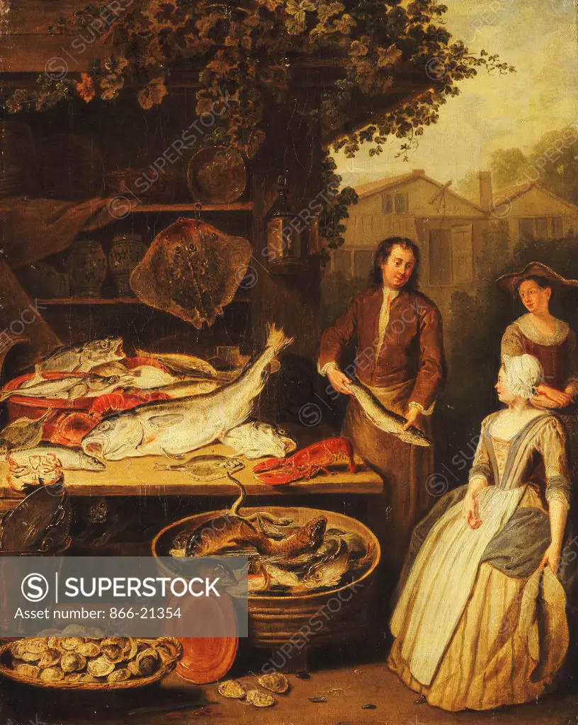 A Fishmonger displaying a Pike to a Maid. Pieter Angillis (1685-1734). Oil on canvas. Painted 1727. 48.6 x 38.7cm.
