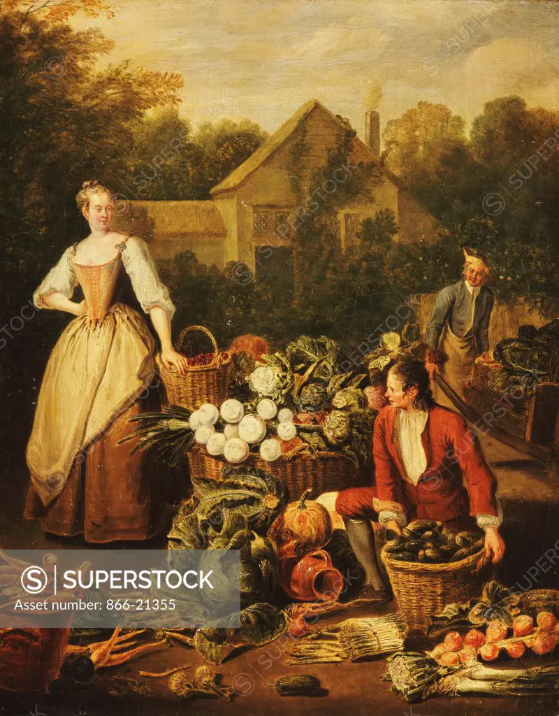 A Maid buying Vegetables.  Pieter Angillis (1685-1734). Oil on canvas. Painted 1727. 48.6 x 38.7cm.