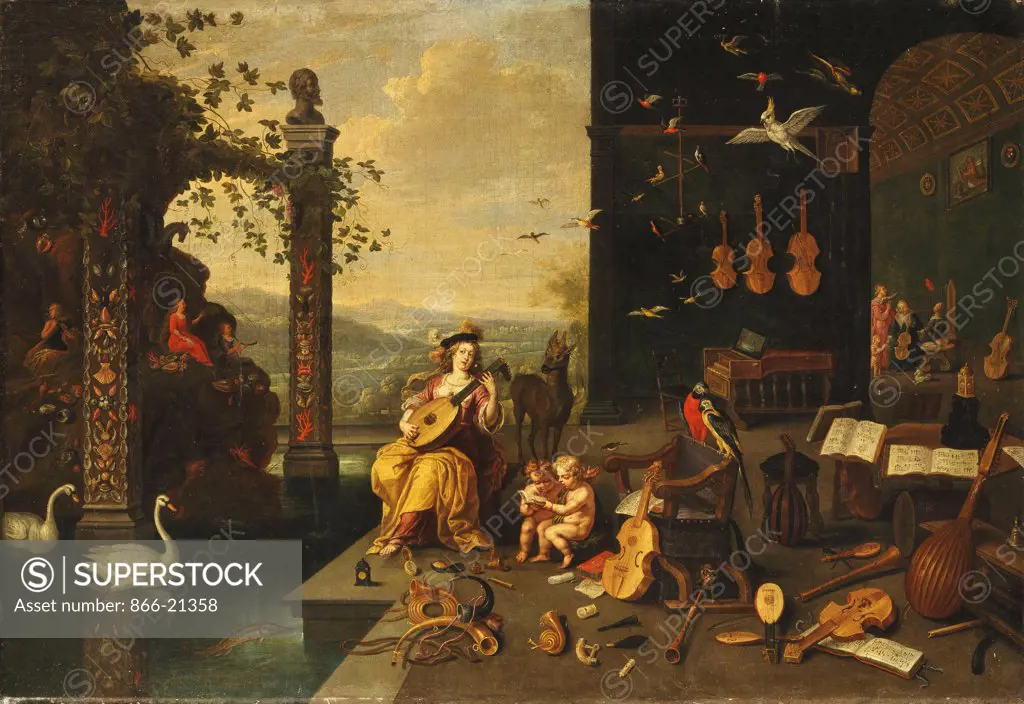 A Personification of Music: A young Woman playing a Lute on a Terrace before an open Gallery. Jan van Kessel I (1626-1679) and Abraham Willemsens (active 1627-1672). Oil on canvas. 65 x 94cm.