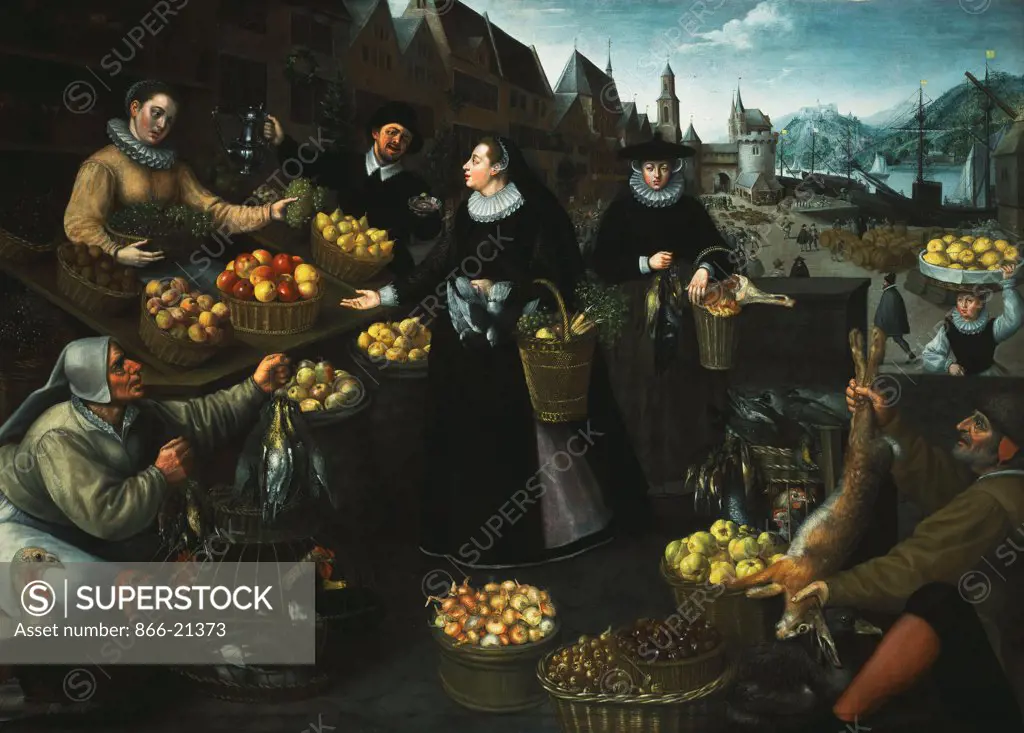 An Allegory of Autumn: A Fruit and Vegetable Stall above the Weinmarkt in Frankfurt. Georg Flegel (1566-1638) & Lucas van Valkenborch (1535-1597). Oil on canvas. 169.6 x 236.6cm.